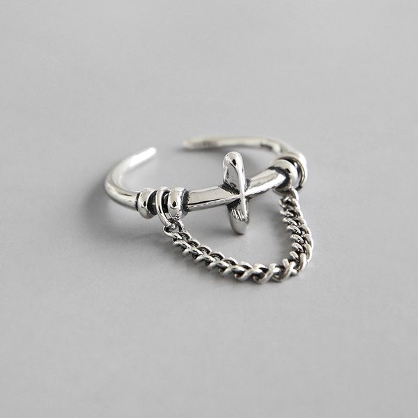 

authentic s925 sterling silver jewelry retro cross &tassel open ring adjust tlj548, Golden;silver