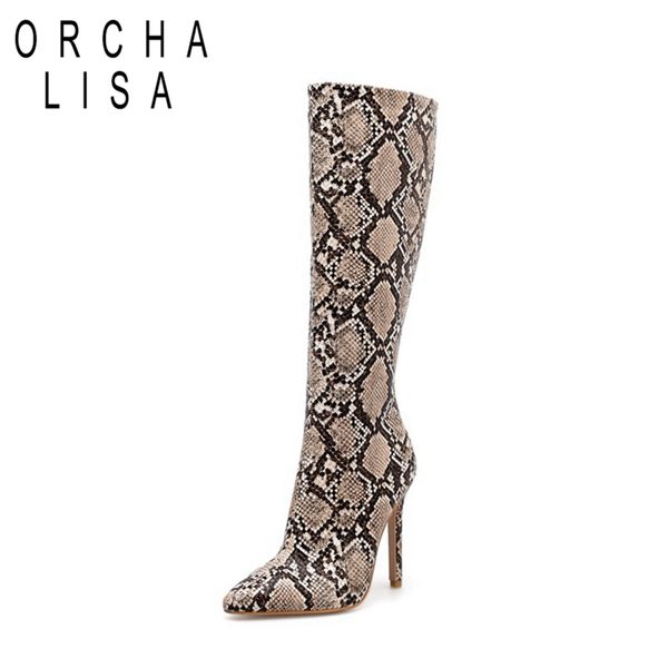 

orcha lisa boa snake print knee high boots women laides stiletto heel boots woman high heel zipper spring dress shoes j531, Black