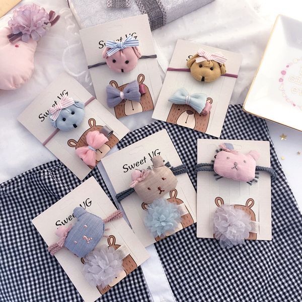 

korean handmade cloth cartoon bear dog bow knot hairbands hairpins children girl kids head wear sets accessories-swkhws002c5, Slivery;white