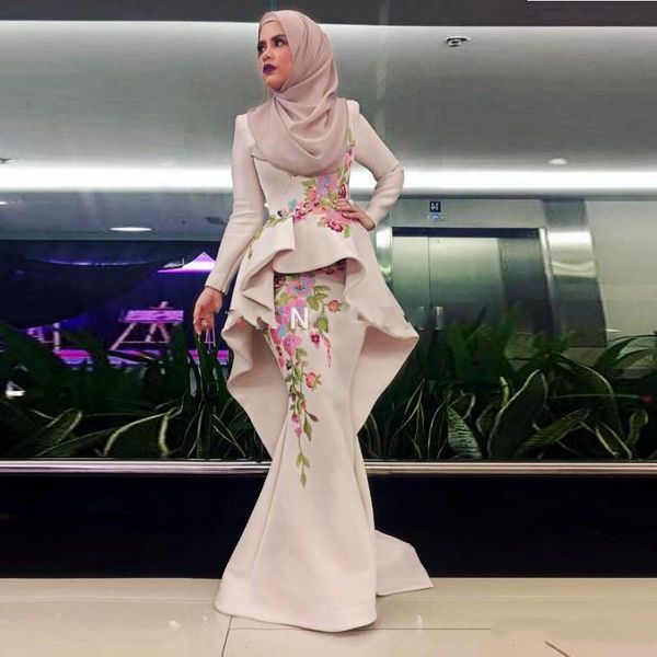 

muslim long sleeves evening dresses jewel peplum embroidery mermaid prom dress long satin formal wear party gowns, Black