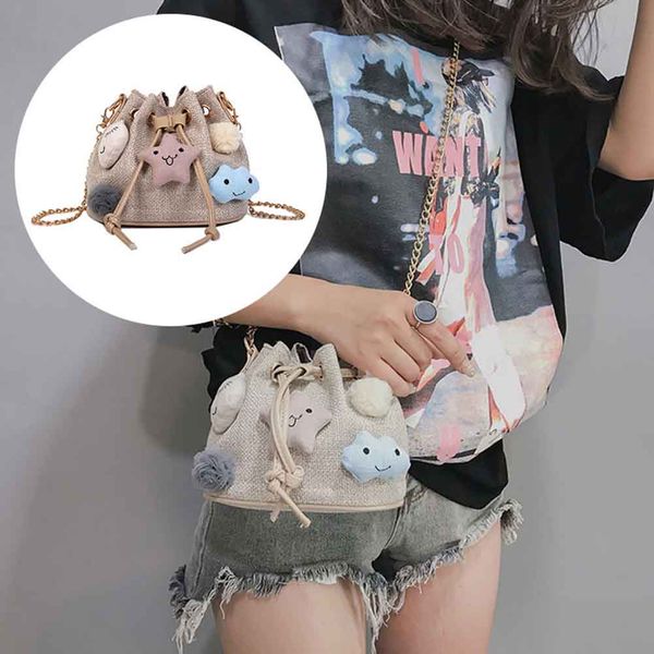 

women drawstring bucket bag linen handbag metal chain girl casual messenger shoulder bags -opk