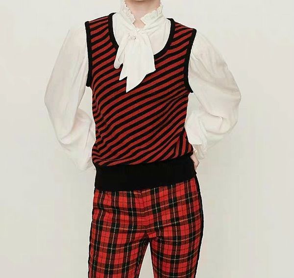 

women sweater 2019 autumn/winter new women's wear striped bow knot lantern sleeve fake two pieces of knitted stitching blouse, White;black