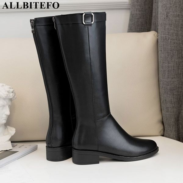 

allbitefo real genuine leather+pu women boots thick heel women knee high boots winter snow long high heel shoes, Black