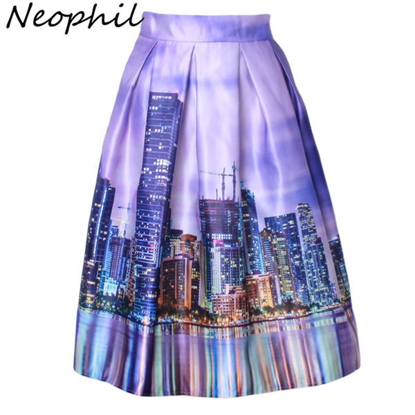 

neophil 2020 women vintage venice street building printed high waist pleated skater flared pink tutu satin midi skirts s1607029, Black
