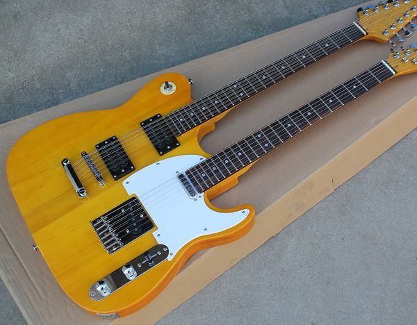 Doppelhals-E-Gitarre mit gelbem Korpus, 6+12 Saiten, weißem Schlagbrett, Chrom-Hardware und Palisander-Griffbrett, kann individuell angepasst werden