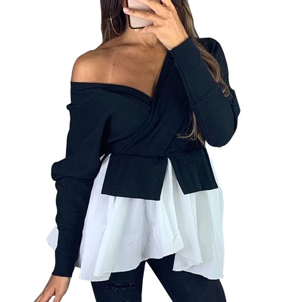 

2019 autumn women v-neck blouses cross strapless irregular stitching solid long sleeve pullover new style trendy ladies blouse, White