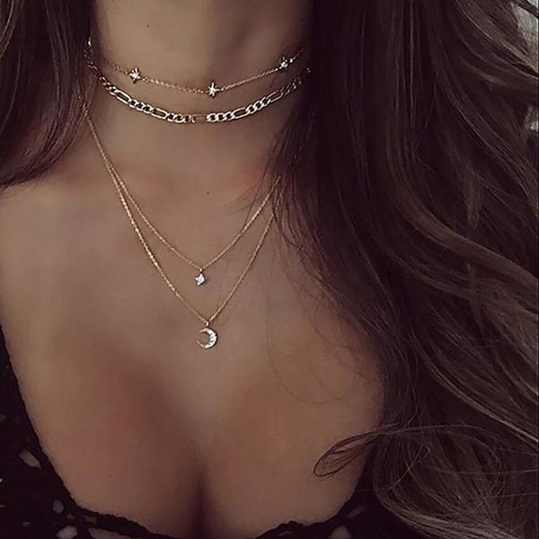 

new boho fashion vintage gold necklaces for women crystal moon stars pendant necklace multilayer female jewelry valentine gift, Silver