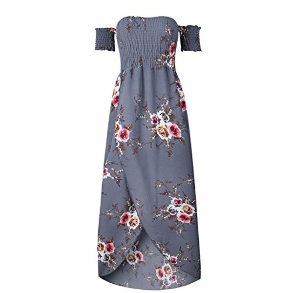 

women's boho style off shoulder chiffon long dress summer beach floral print split party maxi dress long dresses, Black;gray