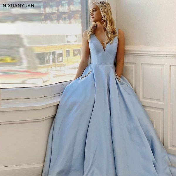 

simple v-neck light sky blue prom dresses with pockets a-line special occasion gowns women formal long evening celebrity dresses, White;black