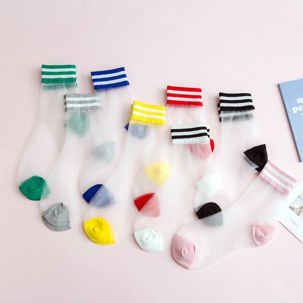 

women rainbow striped lace socks summer crystal glass silk nylon mesh transparent cool socks, Black;white