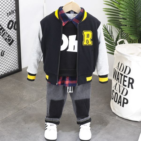 

3pcs wlg boys winter clothing set kids thick patchwork jacket black velvet hoodie plaid shirt and jean set baby boy clothes 2-6t, White