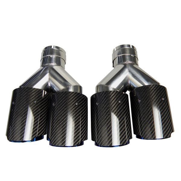 

dual carbon fiber + stainless steel burnt blue universal auto akrapovic type exhaust tip double end pipe for bmw benz vw golf no logo