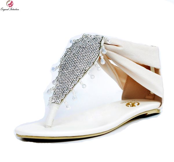 

original intention elegant women sandals popular rhinestone open toe flat with heels sandals beige shoes woman plus us size 4-15, Black