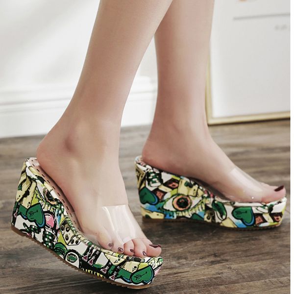 

2020 women graffiti wedges sandal 9cm high heels 4.5cm platform slides green slippers design summer beach transparent red shoes, Black