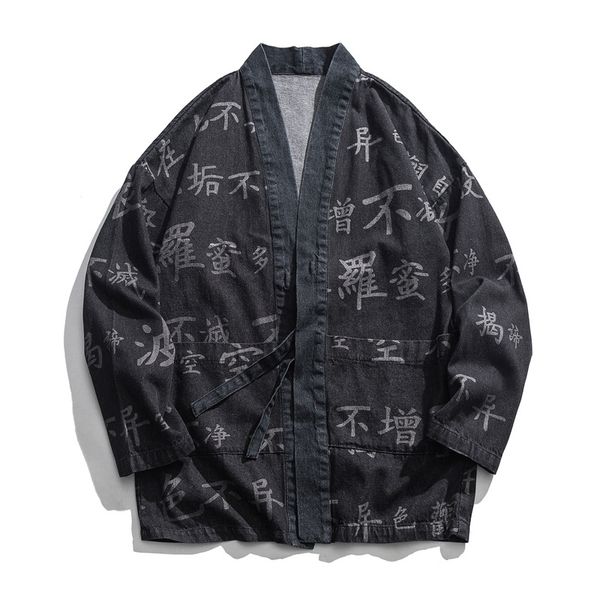

chinese buddhist scripture print kimono cardigan japanese kimono men jacket streetwear mens denim jacket men da081, Black;brown