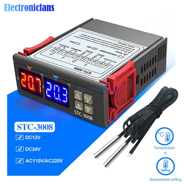 

stc-3008 dc 12v 24v ac 110v 220v dual digital temperature controller two realy output thermostat thermoregulator with sensor