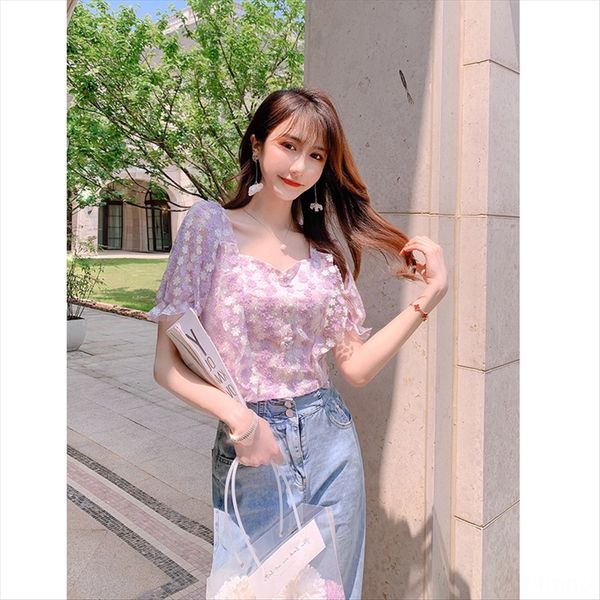 

purple floral female 2020 summer clothing shirt clothes french square collar little fairy western style mesh shirt fairy, White