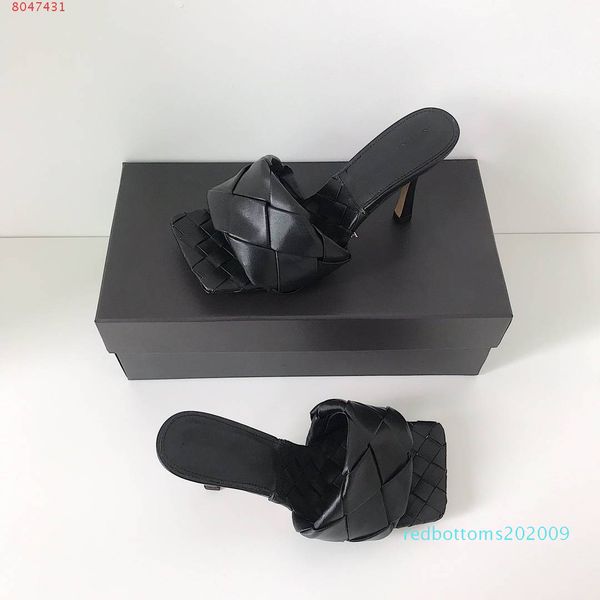 

2020 latest real leather slippers women shoes square sole mules , open-toed woven high heel slipper soft nappa lido sandals ,9cm heel r09, Black