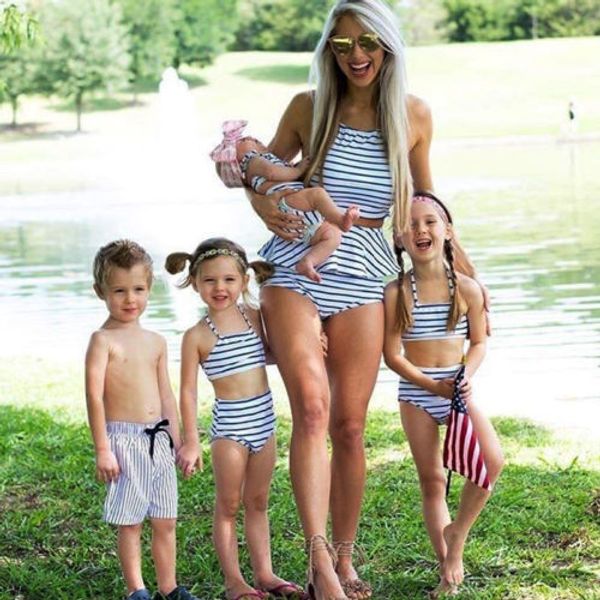 

family matching striped halter ruffles panties women kids girls bikini set two pieces swimsuit mother daughter swimwear outfits, Blue