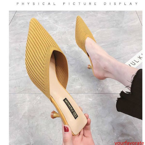 

net ivory lazy baotou half slippers women wear 2019 summer new knitted stiletto pointed high heel sandals autumn