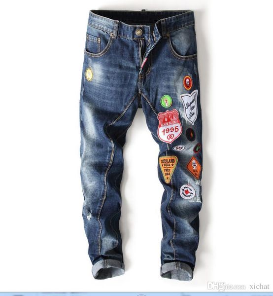 

mens badge ripped slim fit jeans fashion designer washed panelled motocycle biker blue denim pants trousers 998-1