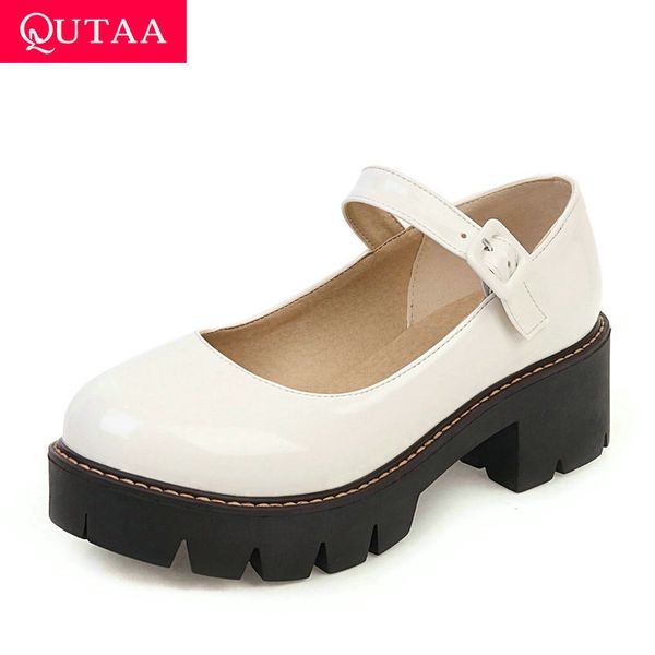 

qutaa 2020 pu leather square heel single shoes spring autumn buckle ladies pumps casual round toe shallow women shoes size 34-43, Black