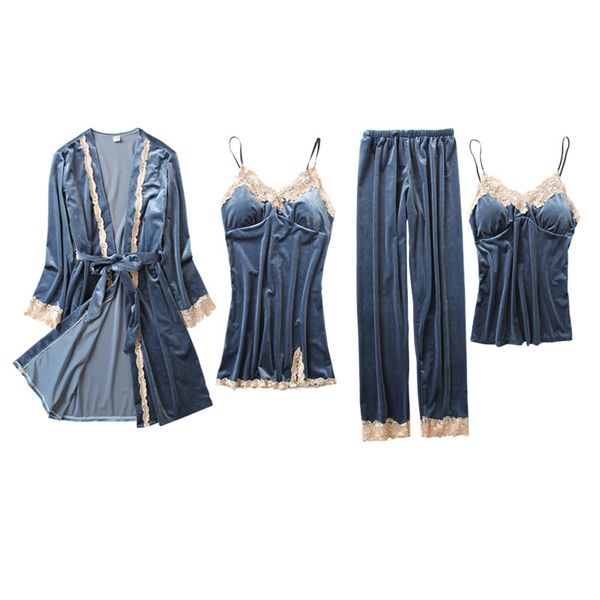 

4 pieces women velvet warm pajamas set women lace sleepwear pijama suit winter nightdress nightwear pyjama, Black;red
