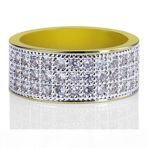 

hip hop 18k gold planted 3 rows round inlaid cubic zircon blinking men ring bling jewelry gift ideas, Silver
