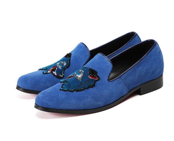 Men Blue Suede Loafers Handmade Embroidery Dress Shoes Fashion Man