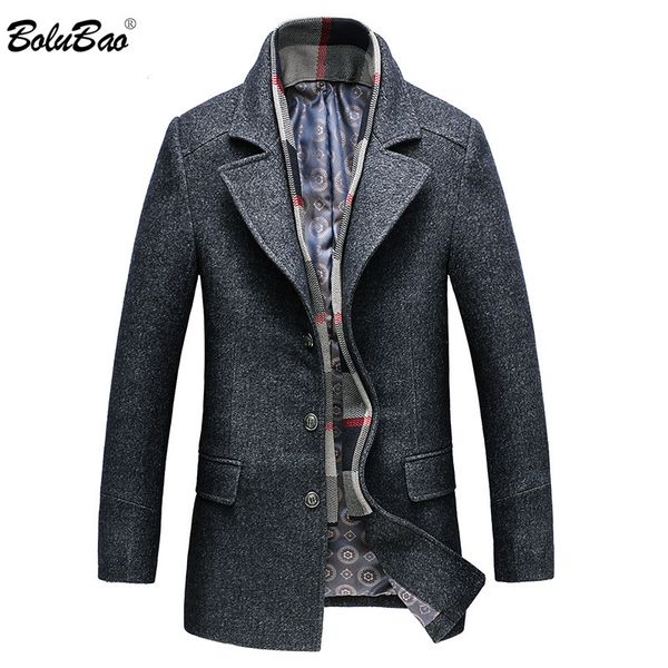 

bolubao men winter wool coat men's solid color simple warm thick wool blends woolen pea coat male trench casual overcoat, Black