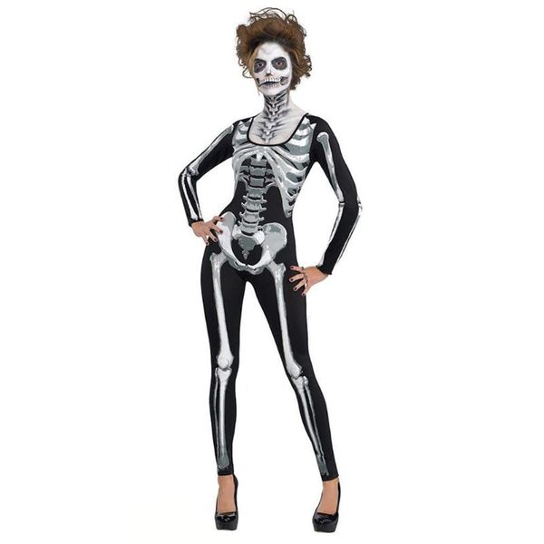 

halloween performance romper bodysuit fashion women skeleton print long sleeve o-neck basic cotton slim fit women jumpsuit, Black;red