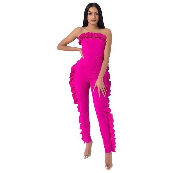 

new arrival 2019 ruffles spliced sweet style lace-up jumpsuits lady beach style strapless backless overall, Black;white