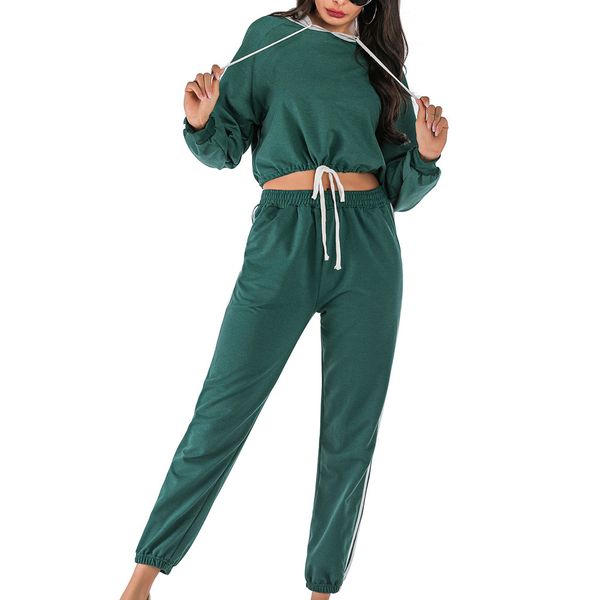 

2 piece set women hoodies pant clothing set women long sleeve hooded striped print short sweatshirt long trouser pants suits#g4, White;black