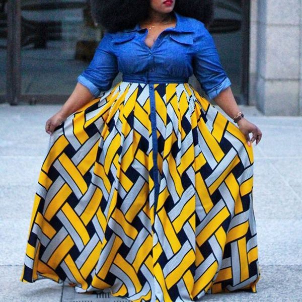 

african robe fashion plus size maxi dress women long sleeve color block yellow split spring autumn high waist shirt dresses, Black;gray