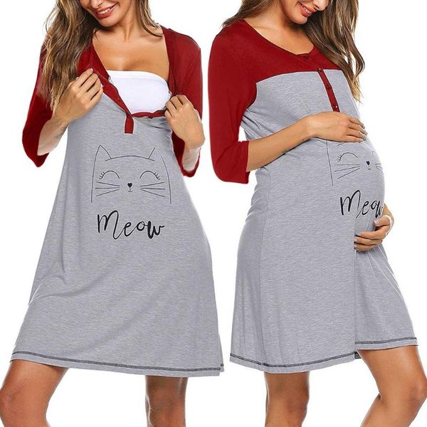

women's dress breastfeeding sleepwear dress women maternity 3/4 sleeve cute print nursing nightdress breastfeeding, White