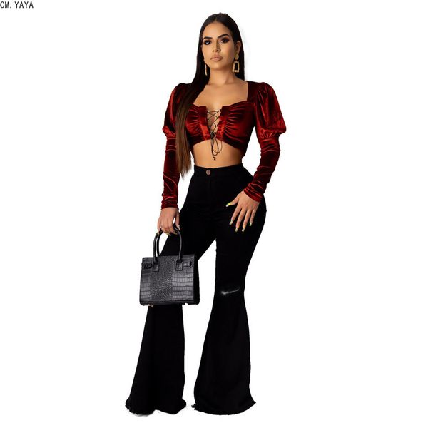 

cm.yaya 2019 autumn winter female denim pants women high waist solid color fashion frayed hole long flare trousers hsf2098, Blue