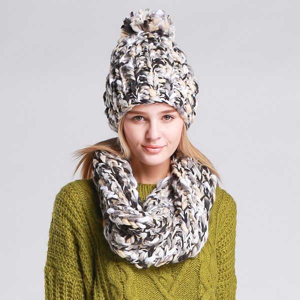 

jkp 2018 зимняя мода ручной работы шляпа нагрудник два чехлов комплект смешанный цвет толстый зимний универсальный набор теплый женский шарф, Blue;gray