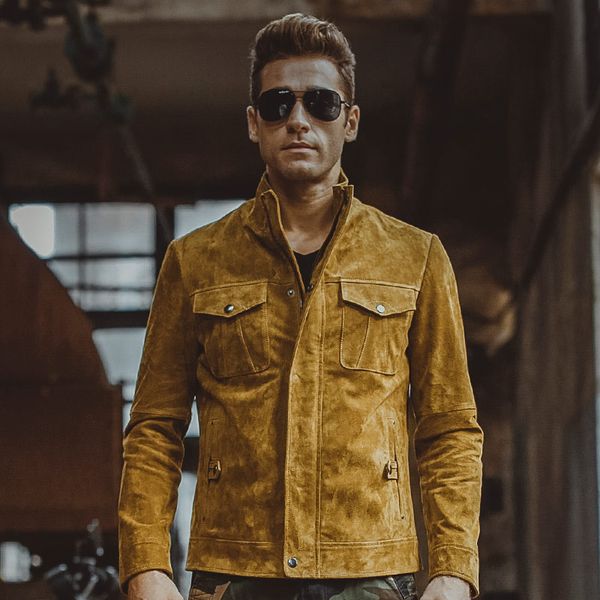

2019 new men's pigskin yellow real leather jacket genuine leather jacket motorcycle coat denim men, Black