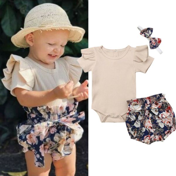 

2020 toddler baby girls romper bodysuit pants shorts headband outfit clothes set, White