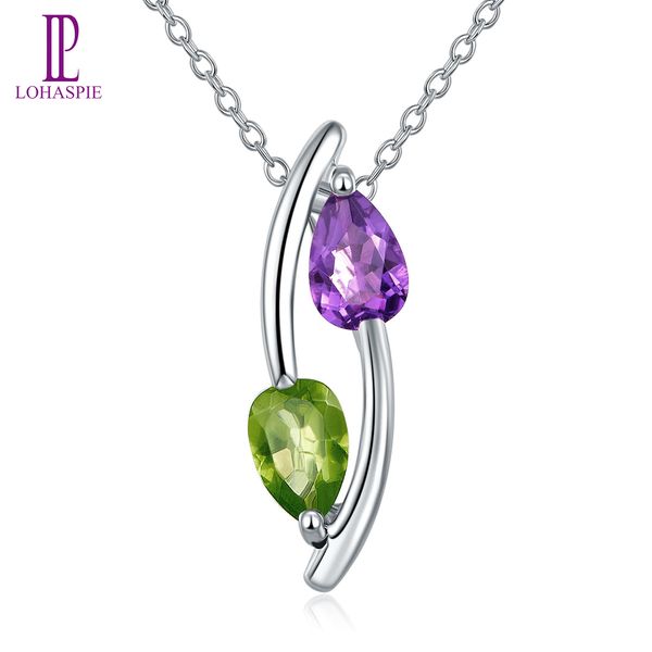 

solid 925 sterling silver pendant necklace for women gift gemstone pear 6x4mm purple african amethyst ggreen peridot fine jewelry wholsale, Black