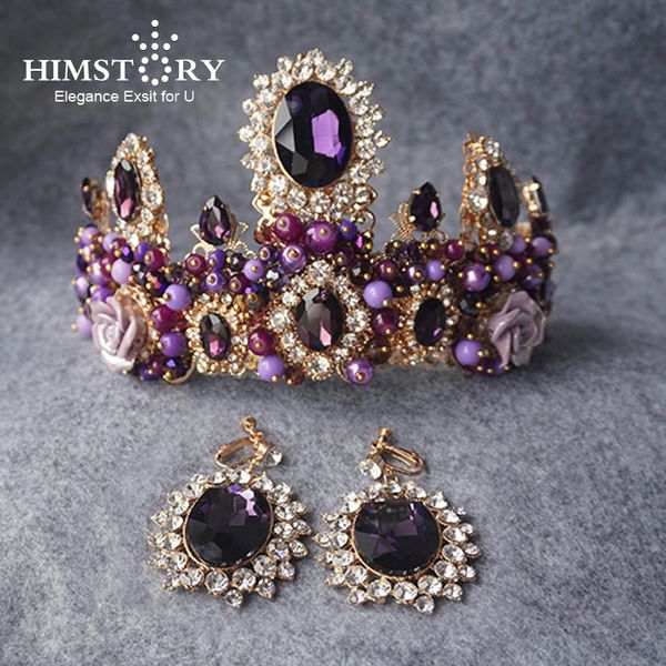 

himstory violet crystal queen princess tiaras crown noble purple rhinestone diadem large round bride wedding hair accessories, Golden;white