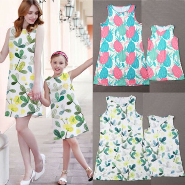 

summer family mother daughter matching clothes mom kids girl mini boho dress, Blue
