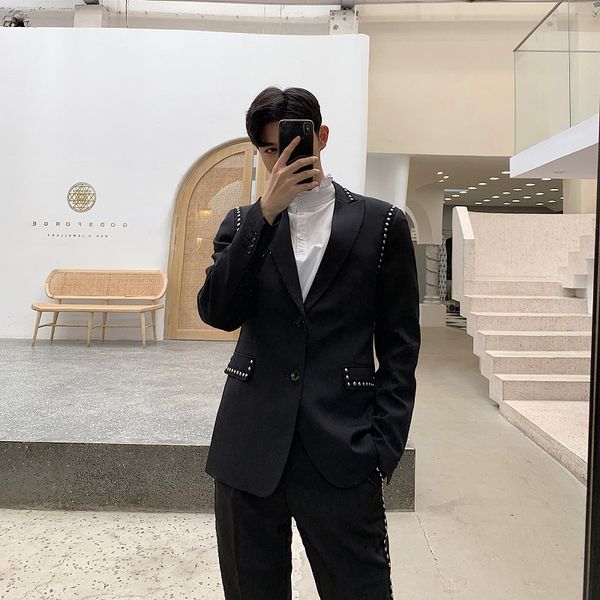 

men streetwear hip hop punk rivet casual slim fit suit blazer jacket male vintage fashion suit coat spring autumn overcoat, White;black