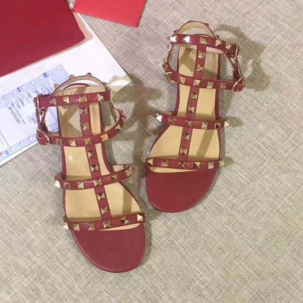 

fashion women brands leather stud sandals t-strap summer beach shoes rivets shoes ladies party shoes flat slippers sandals with box, Black