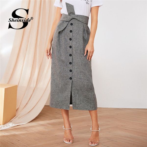 

sheinside elegant button detail slit skirt women 2019 autumn high waist front knot midi skirts ladies grey straight skirt, Black;gray