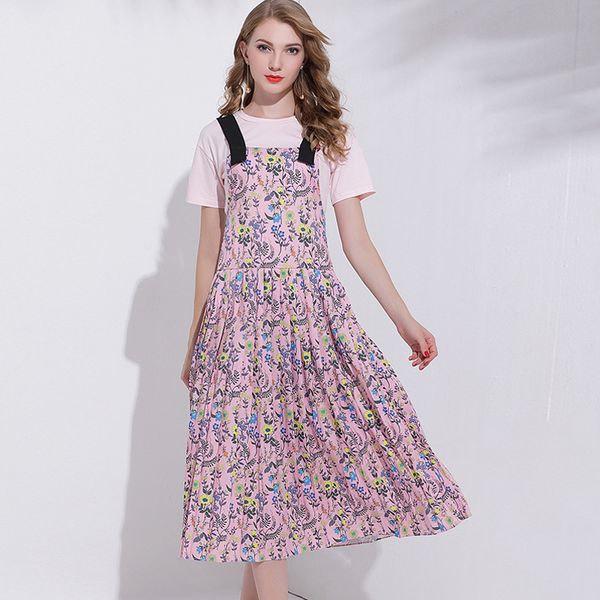 

pink print garter dress long skirt with skirt t shirt set women, Black;gray