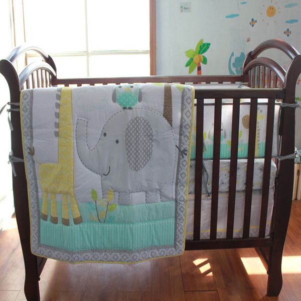 

promotion crib bedding set 100%cotton baby products 7pcs baby cot organizer bed bumper cuna quilt skirt elephant giraff