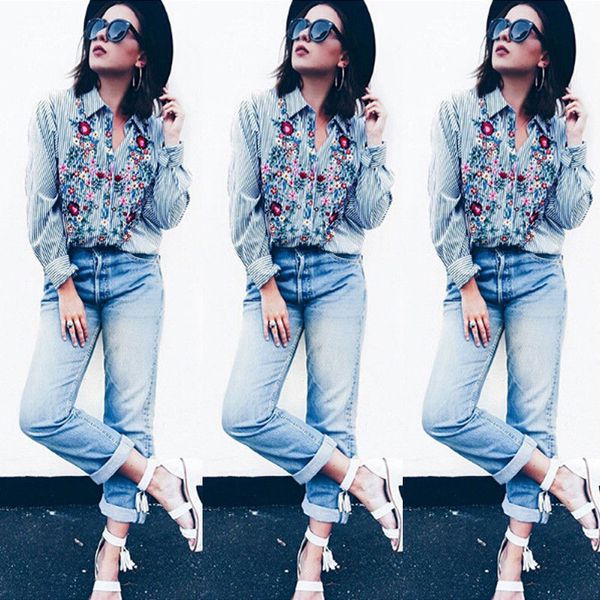 

women floral embroidered casual autumn long sleeve striped shirt, White