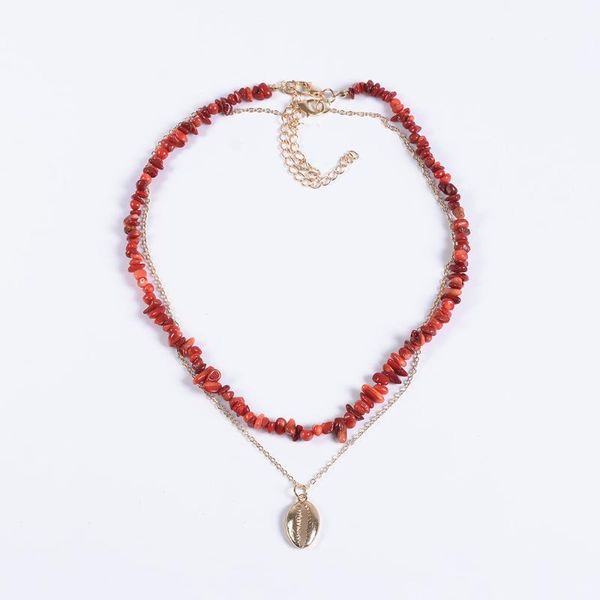 

irregular red natural stone beaded handmade choker necklace women boho ethnic double layer choker necklace shell pendant jewelry, Golden;silver