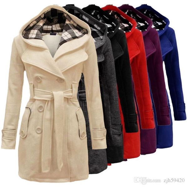 

new wide plaid hat coat belt double-breasted long coat fashion women's warm winter hat long coat, Black